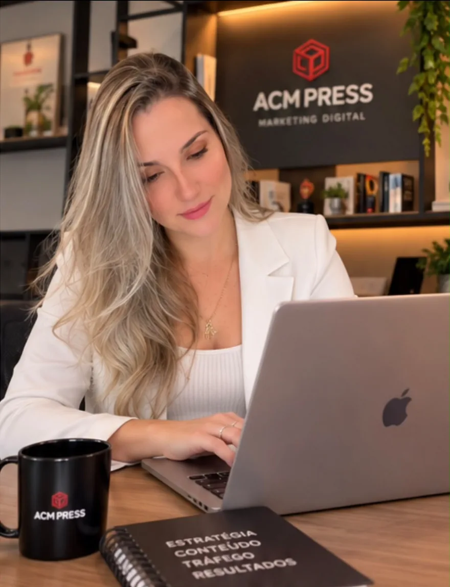 Ana Carolina Gonçalinho da Matta trabalhando no escritório da ACM PRESS